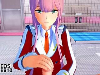 zero two gives a blowjob in hentai sex scene.