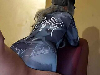 young college girl in spiderman cosplay craves hard cock for pussy