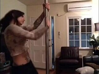 Felicity Feline undresses and dances on pole at home, teasing with ass and tattoos
