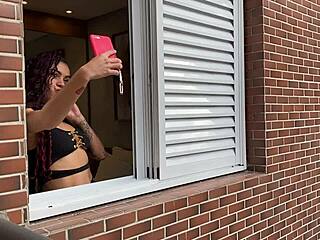 i fuck the tattooed brunette teen behind the window