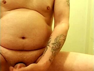 guy jerks off with cock ring, cumming hard