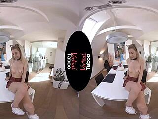 Blonde chick masturbates to orgasm under skirt in POV taboo scene