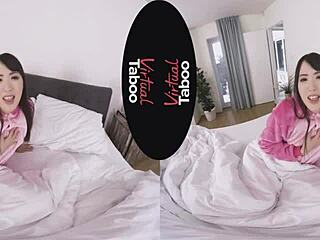 virtual taboo game with asian brunette in pajamas exploring solo adventures
