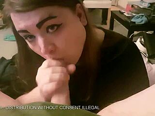 Chubby sissy slurps cock till facial.