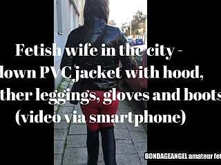 This Fetish Wife Struts In The City Wearing Pvc Jacket And Leather Leggings