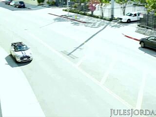 Jules Jordan features Khloe Kapri as a young 18+ slut breaking the law in this threesome blowjob and big cock interracial group scene