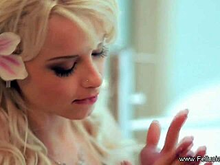 blonde milf gently blows the cock with handjob