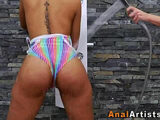 babe intensely gapes her asshole wide open with toys and strapon for lesbian stretching action