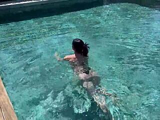 Busty Brunette Drilled Hard in Both Holes by Pool