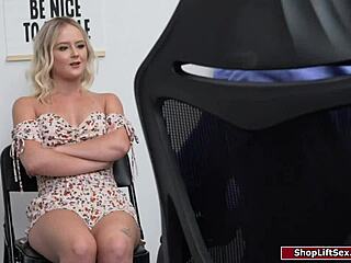 This teen babe fucks the officer to avoid jail, bent over in the office with monster cock