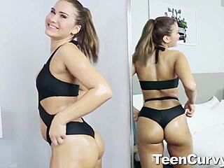 Brunette teen babe with perfect ass sucks and rides monster cock