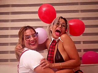 Kylei ellish and ann inflate balloons while riding and masturbating in lesbian fun