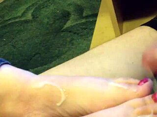 My wife gives me a hot footjob with pink toenails, ending in a cumshot