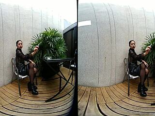 Young Teen Girl Smokes Topless In Leather Skirt Outdoors