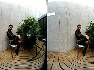 Young Teen Girl Smokes Topless In Leather Skirt Outdoors