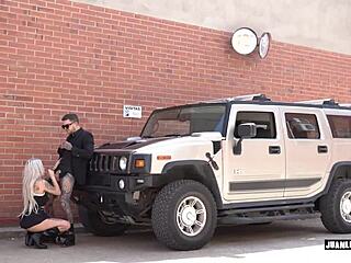 horny blonde gets face fucked in public hummer