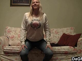 Watch this tiny blonde strip on the couch.