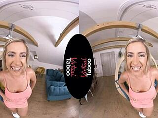 This virtual taboo scene with the shaved blonde leads to intense orgasm.