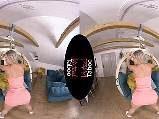 This virtual taboo scene with the shaved blonde leads to intense orgasm.