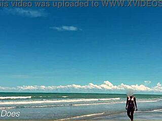 wife playing nude football on public clothed beach 😏