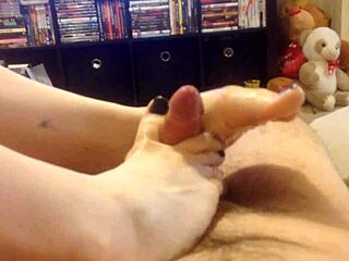 intense footjob fetish leading to explosive cumshot on feet