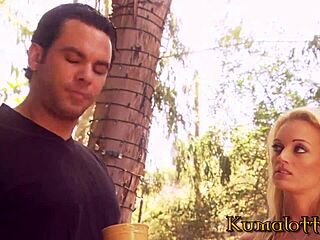 Big boobed blonde babe banged on porch outside, rough and wild.