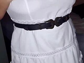 the girl is damaging her red panties in this amateur video