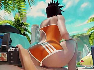 Overwatch Tracer Rides Cock Hard at Beach for Public Creampie!
