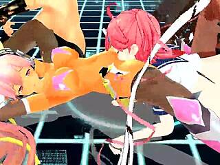 four girls sing and undress in an anime video.