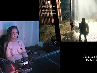 naked brunette with big natural tits plays alan wake in part 10