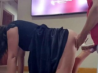 She moans while getting fucked doggystyle on the kitchen floor