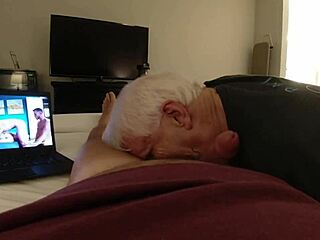 old horny amputee grandpa gives a long sucking session to his grandson in the living room