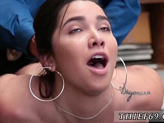 Petite Ebony Teen in Uniform Caught for Apparel Theft with Big Cock Cop.