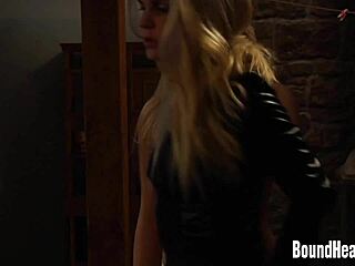 huntress feeding slave and checking new girl in bondage