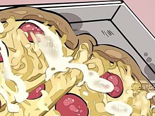 Two guys have sex over pizza