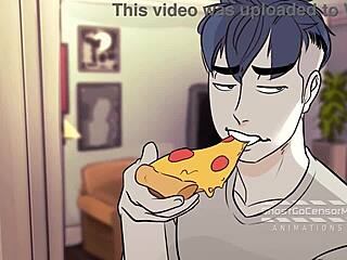 Two guys have sex over pizza