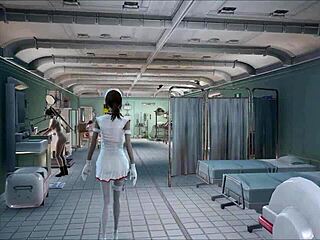 in fallout 4, a brunette nurse teases her patient with a slow strip. the hospital room heats with every ripped piece of clothing!