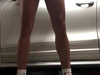 Spying on muscular gay guy working out cock at garage gym. Hidden voyeur catches every detail!