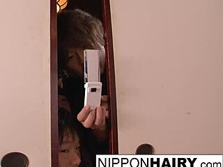 Hey, Japanese babe, why play with your hairy pussy while boys watch?