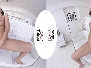 Brunette masturbates shaved pussy to orgasm in wet fishnets.