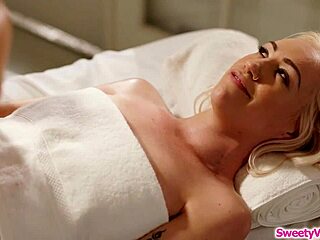 blonde masseuse licks virgin customer's pussy during session