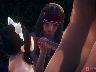 my favorite threesome hentai: two girls one boy in anal outdoor scene