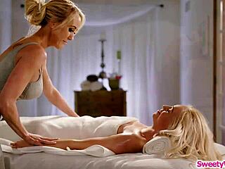 blonde masseuse licks virgin customer's pussy during session