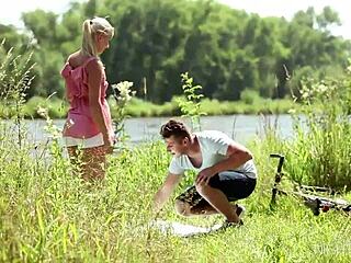 Small tit blonde cayla lions rides cock in doggystyle and cowgirl for intense cumshot outdoors.