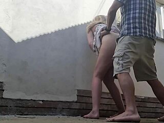 Fucking hard outdoors behind restroom at bed and breakfast