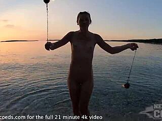 Pretty Adorable Nude European Girl Horny Dancing Fire On Private Usa Beach At Sunset