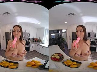 vrallure, the brunette babe, juices her big tits with fingering solo