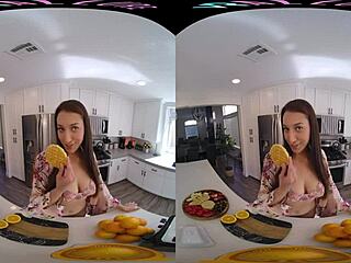 vrallure, the brunette babe, juices her big tits with fingering solo