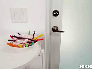 Brunette babe in Halloween costume plays sex game