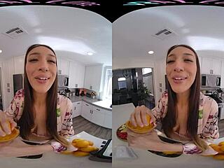 vrallure, the brunette babe, juices her big tits with fingering solo